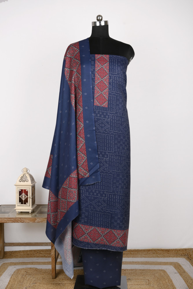 Image of Blue Printed Spun Suit Set With Spun Dupatta - 131-1846A