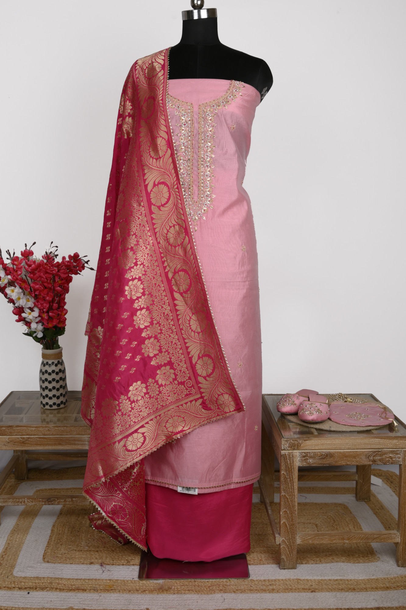 Pink Chanderi Suit with Rani Dupatta Potli and Jutti - 912-KAR96075