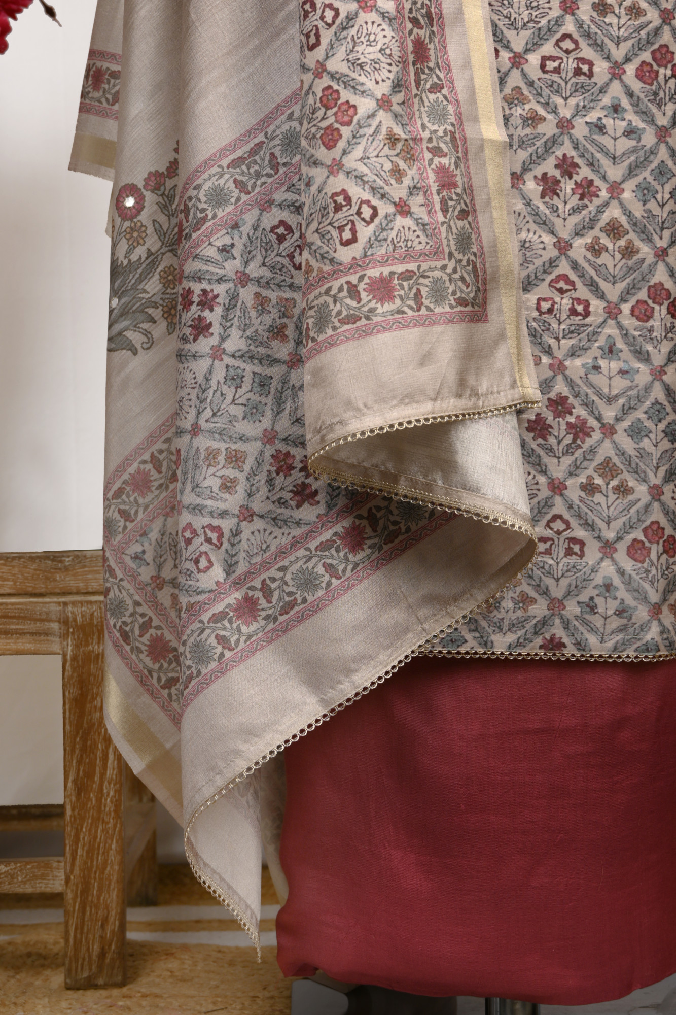 Beige Tussar silk Suit with Tussar silk Dupatta - 1019-398C