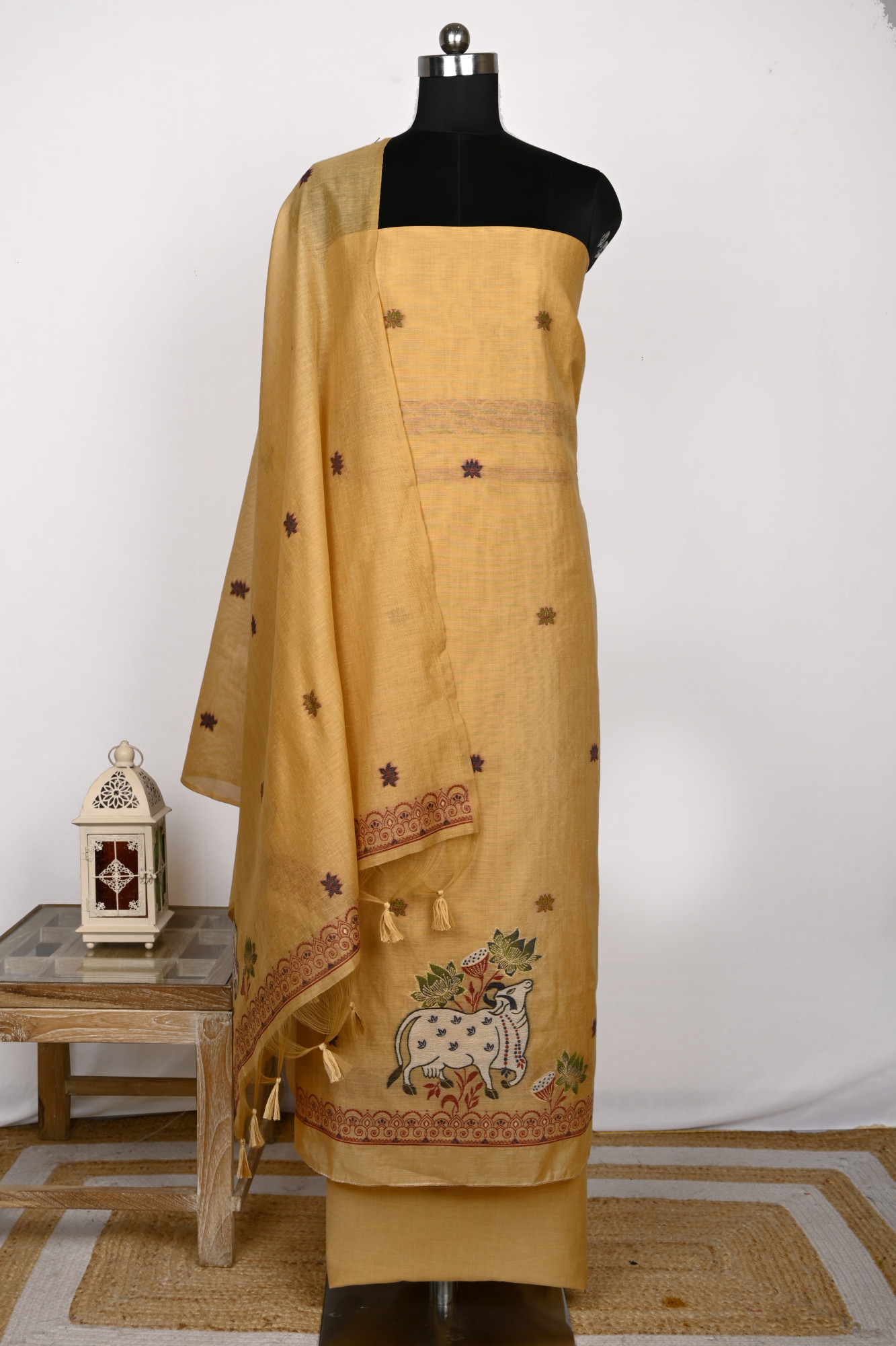 Mustard Chanderi Jamdani Suit Set with Beautiful Dupatta - 811-LVCT9553A