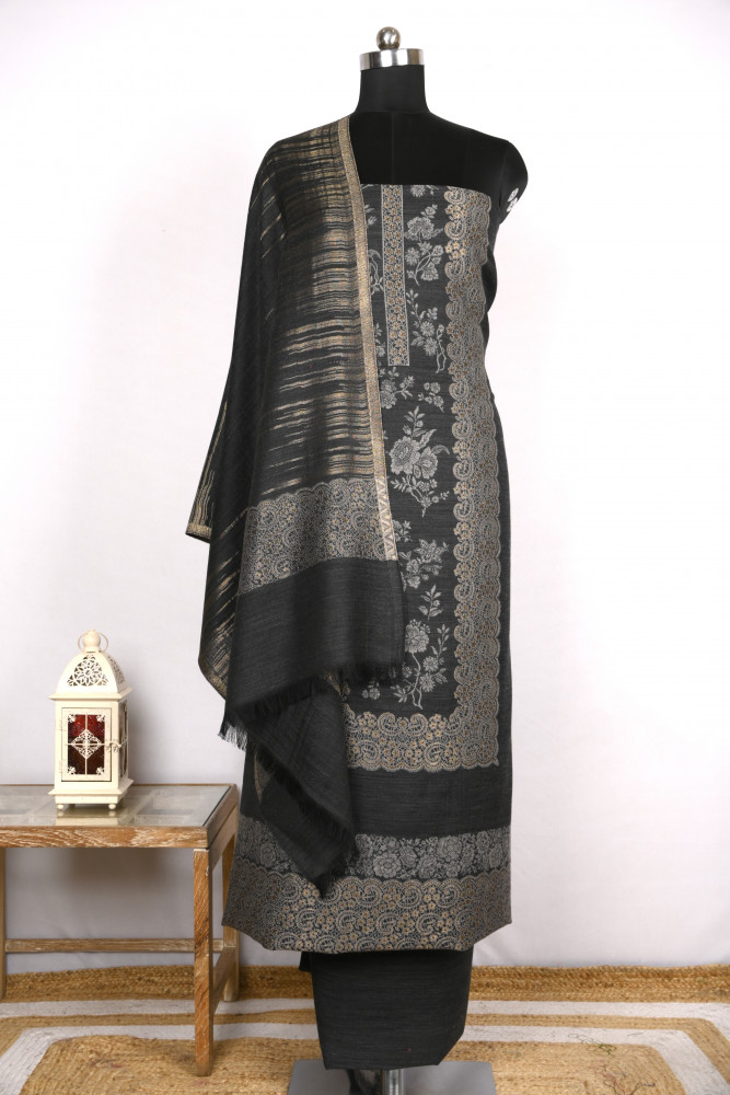 Image of Black Pashmina Suit with Pashmina Dupatta - PASH1414C