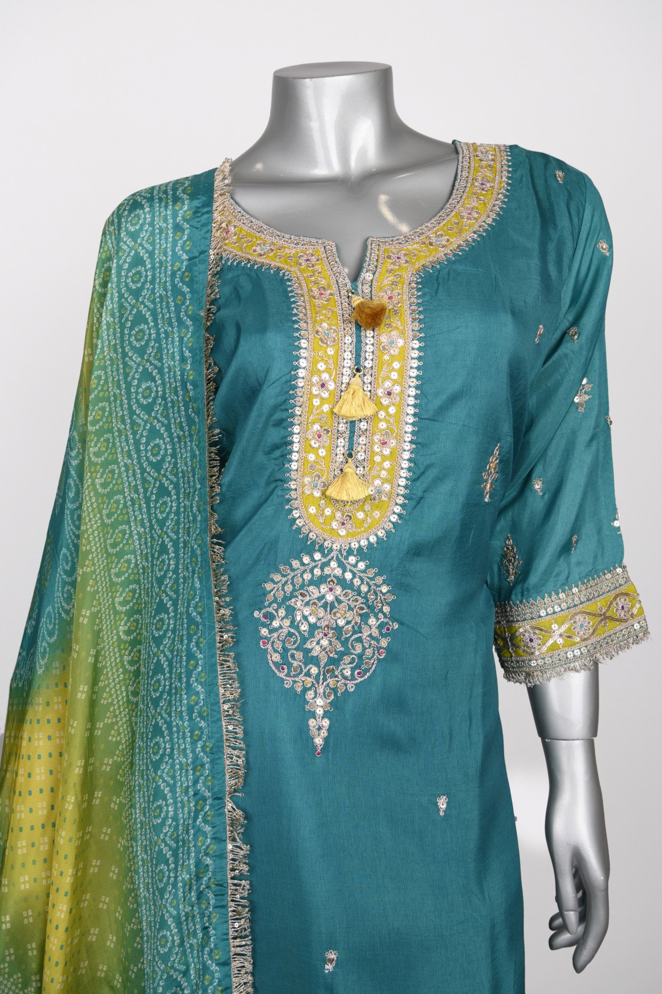 Firozi Satin Silk Stitched Suit Set with Dupatta - 1023-1001A