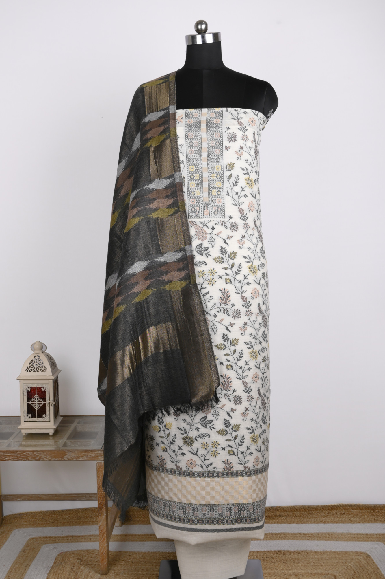 White Printed Pashmina Suit Set With Spun Dupatta - PASH1406B