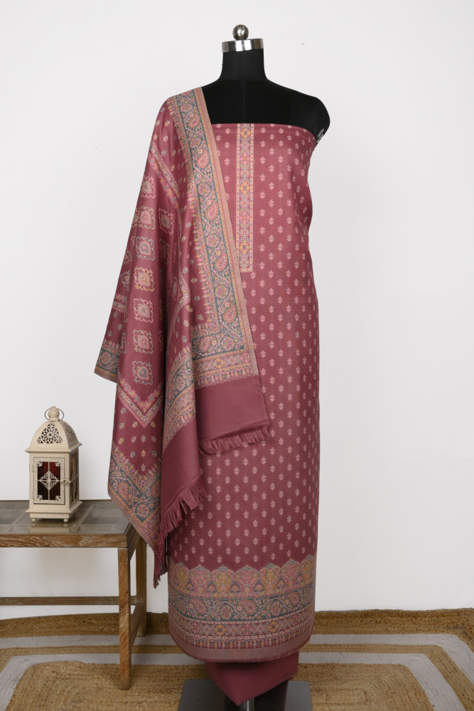 Image of Pink Printed Pashmina Suit Set With Pashmina Dupatta - 1000-0488C
