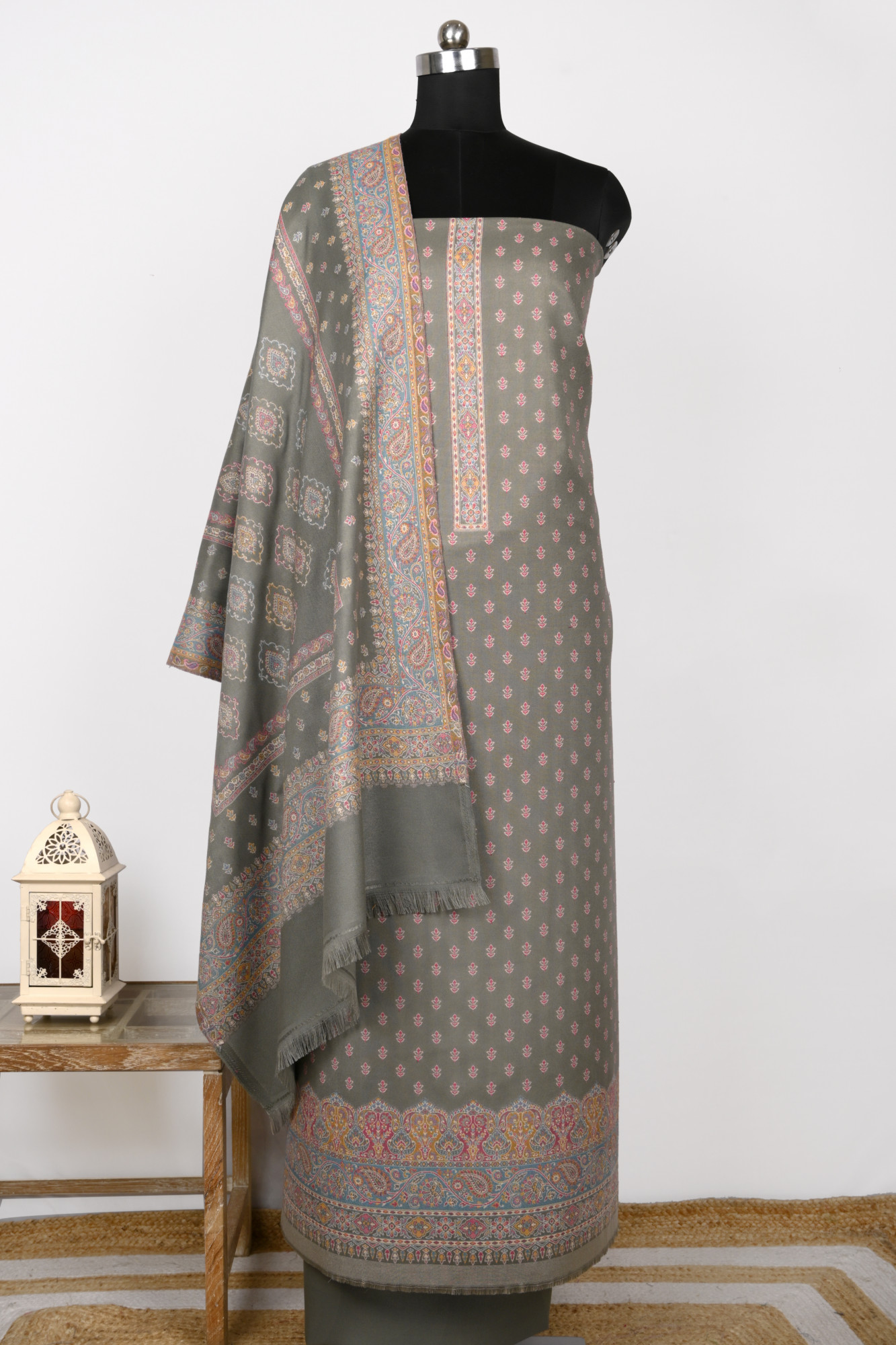 Grey Printed Pashmina Suit Set With Pashmina Dupatta - 1000-0488A