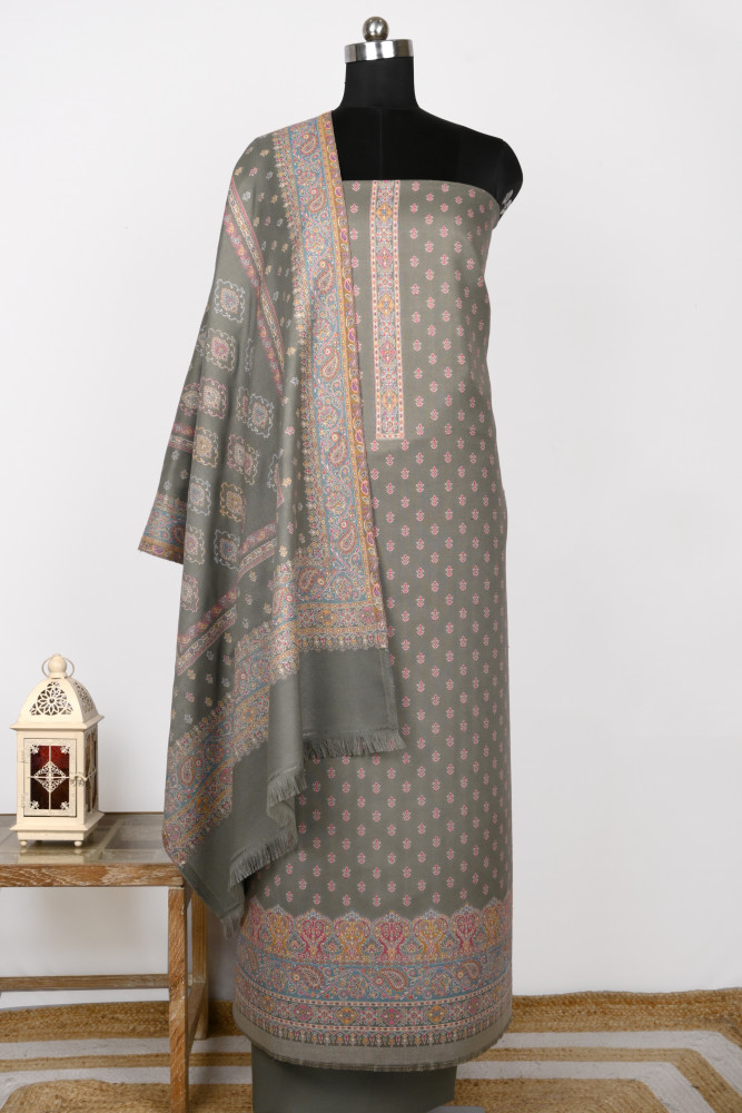 Image of Grey Printed Pashmina Suit Set With Pashmina Dupatta - 1000-0488A