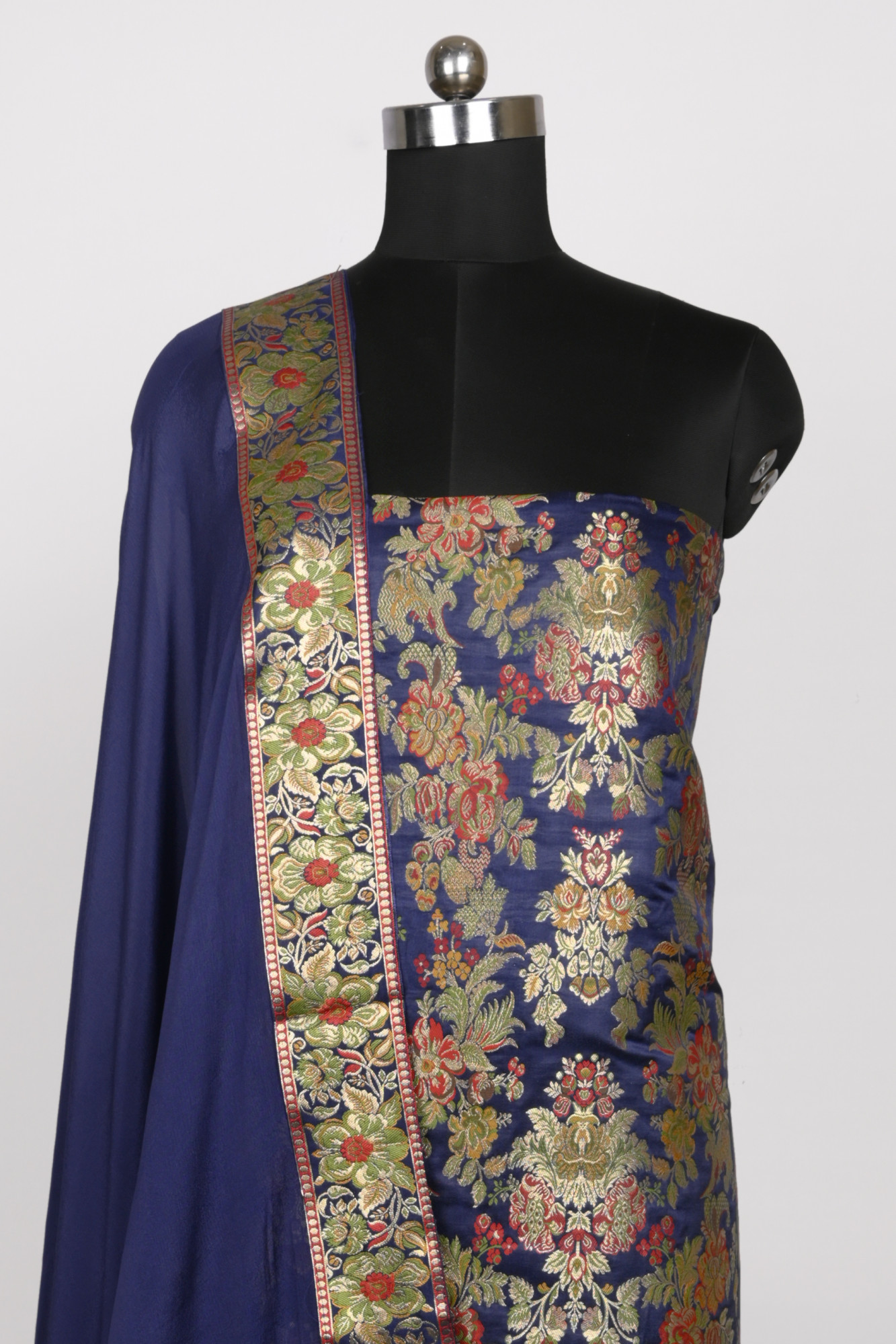 Blue Banarsi Brocade Unstitch suit set with Dupatta - 1021-KIMKHAB-2E