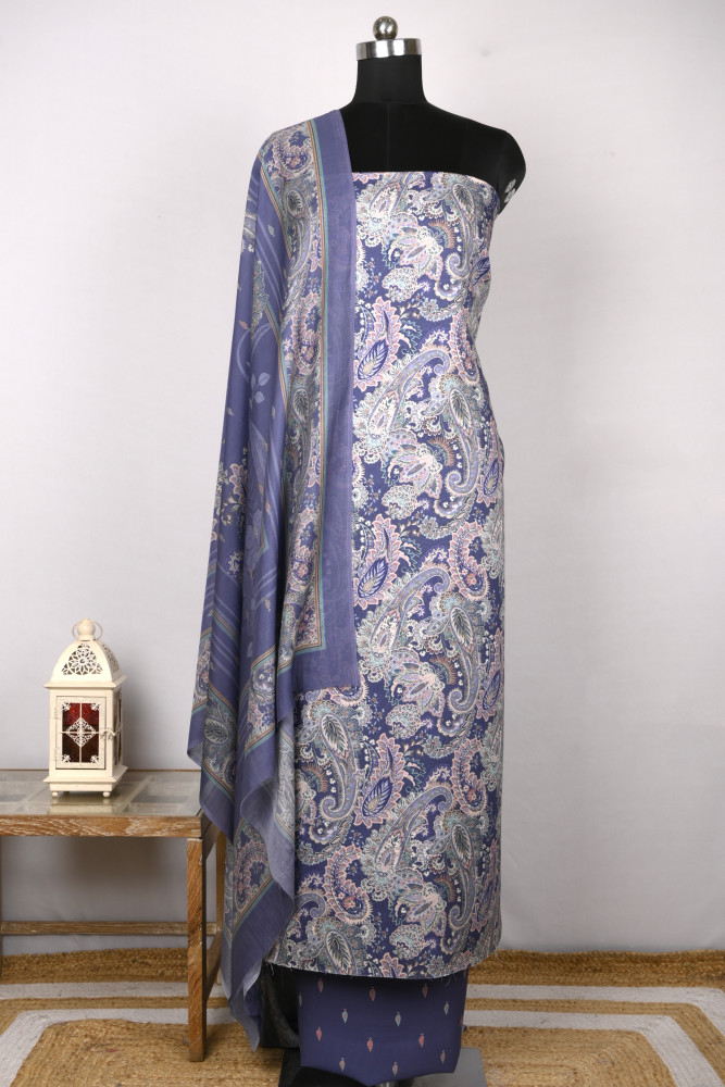 Image of Blue Spun Digital Printed Suit with Spun Dupatta - VUN7710B