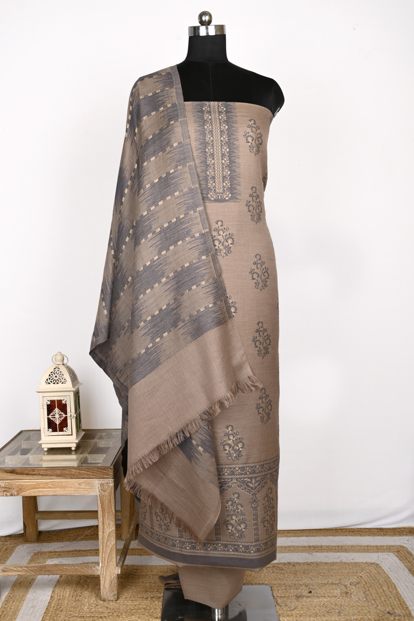 Beige Pashmina Suit Set with Pashmina Dupatta - PASH1403
