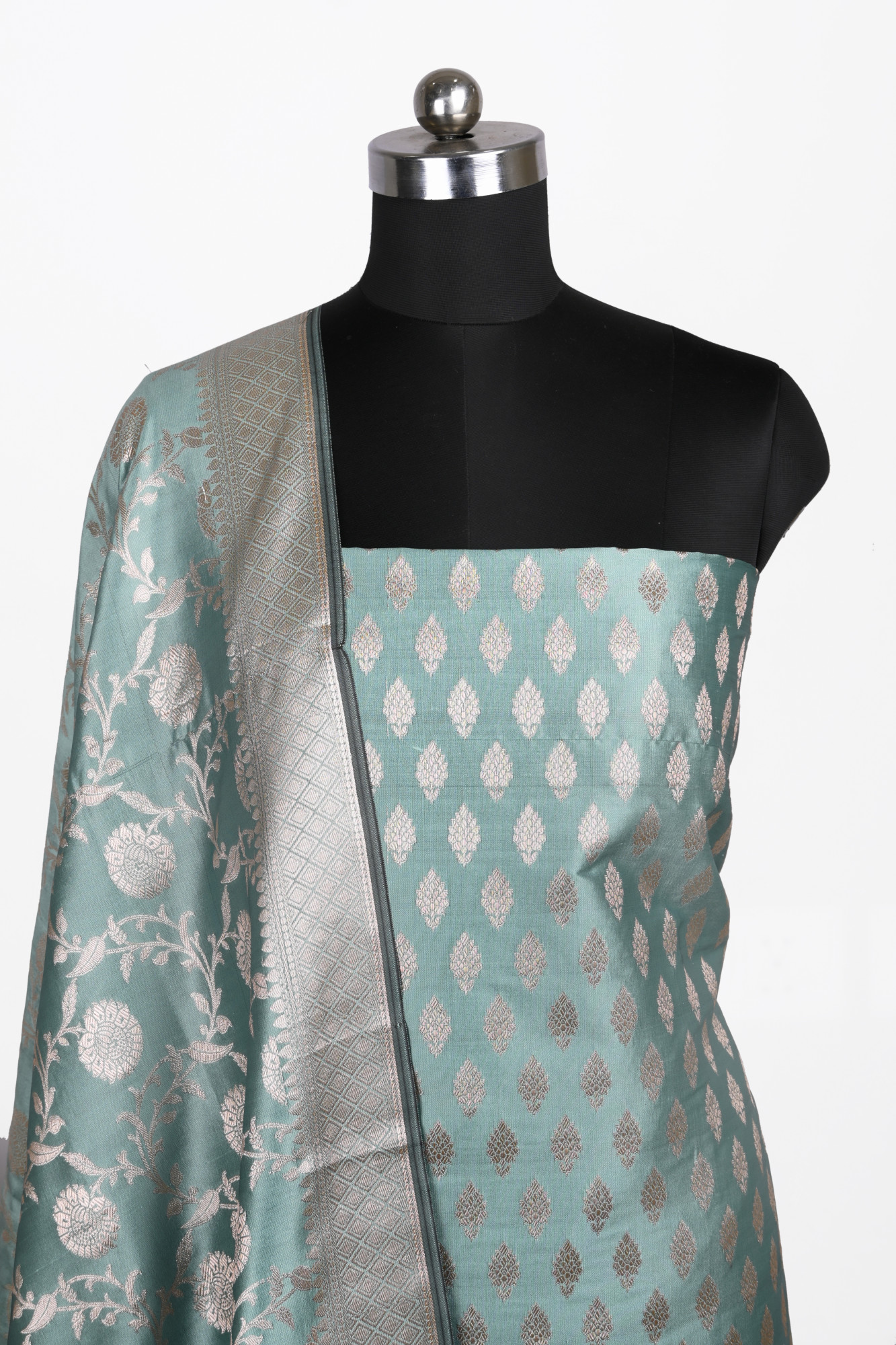 Green Chanderi Silk Unstitch Suit Set with Dupatta - 1021-JNF-6A