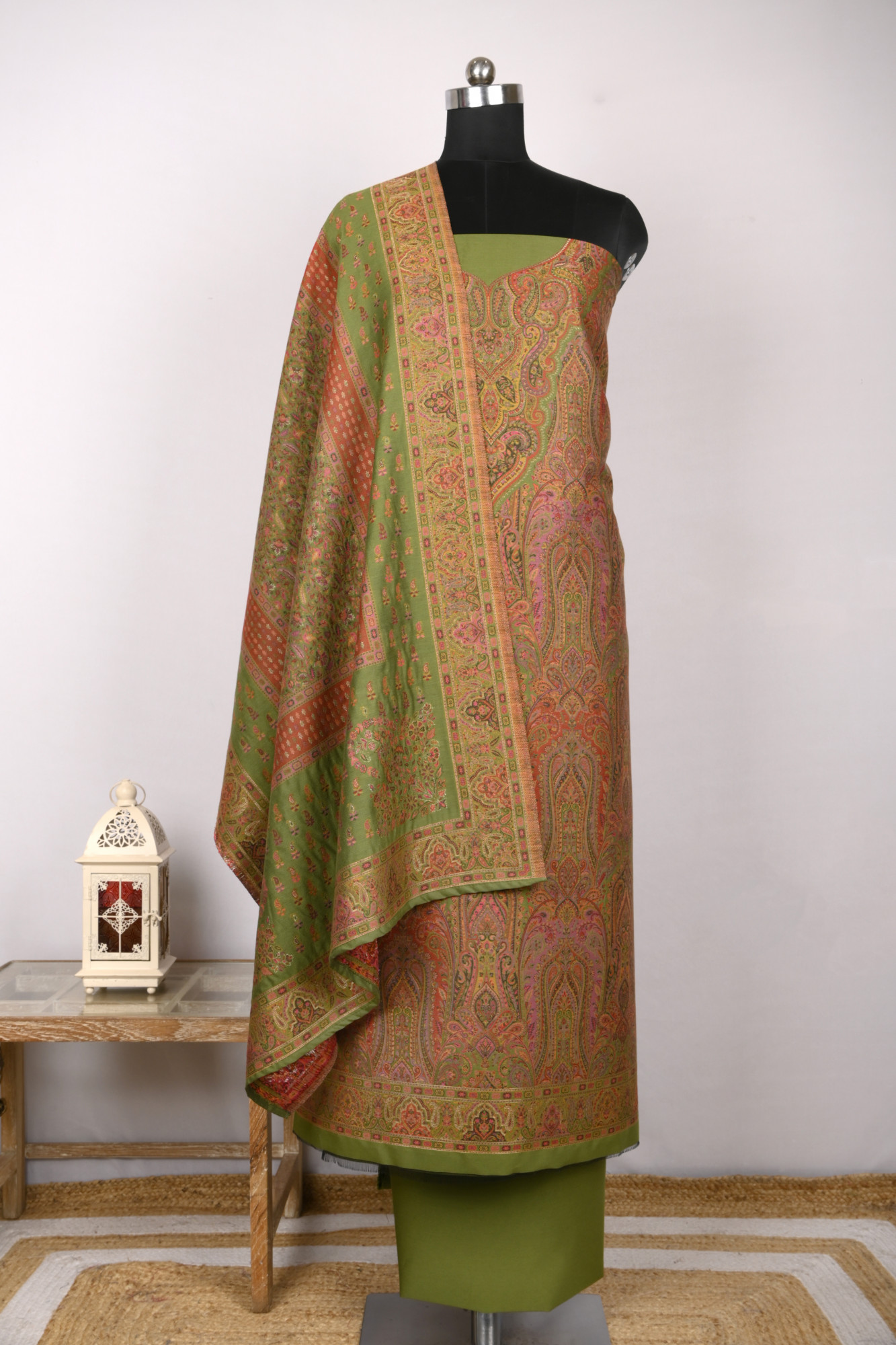 Green Pashmina Suit with Pashmina Dupatta - 1000-0455D