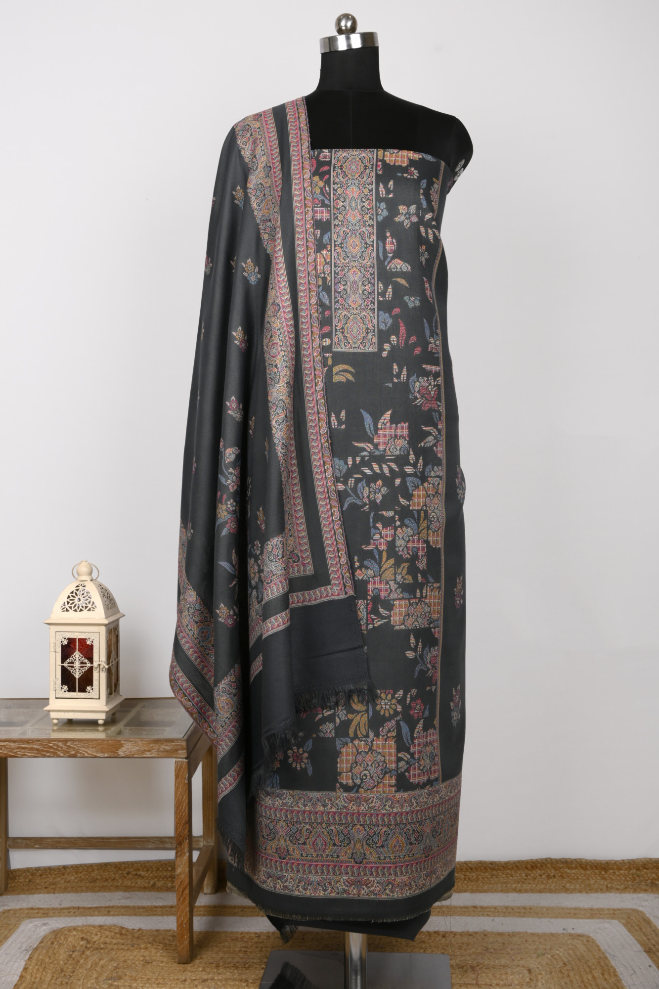 Grey Printed Pashmina Suit Set With Dupatta - 1000-0484A