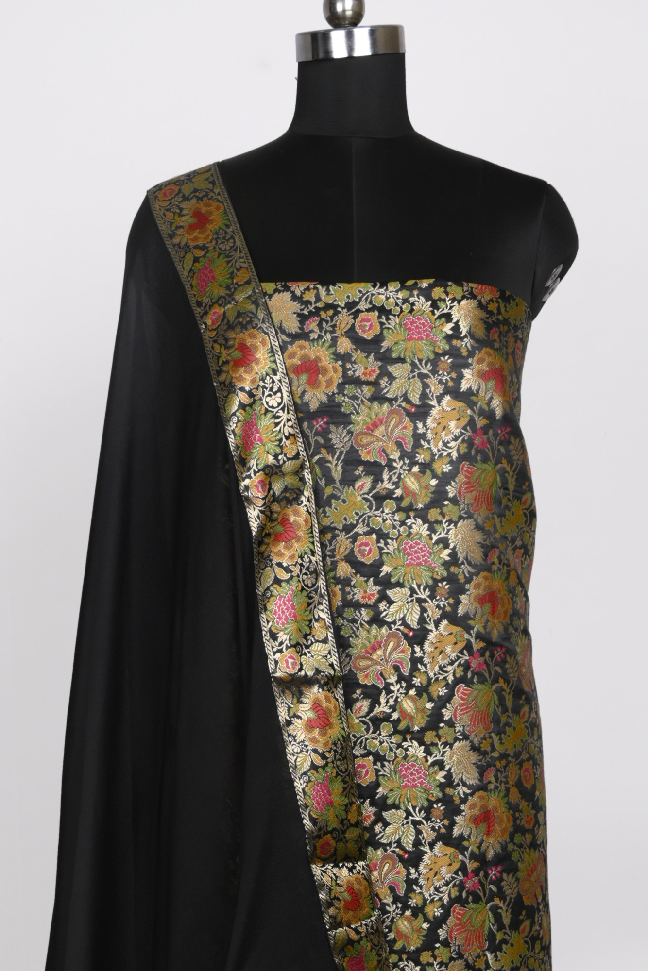 Black Banarsi Brocade Unstitch suit set with Dupatta - 1021-KIMKHAB-3A