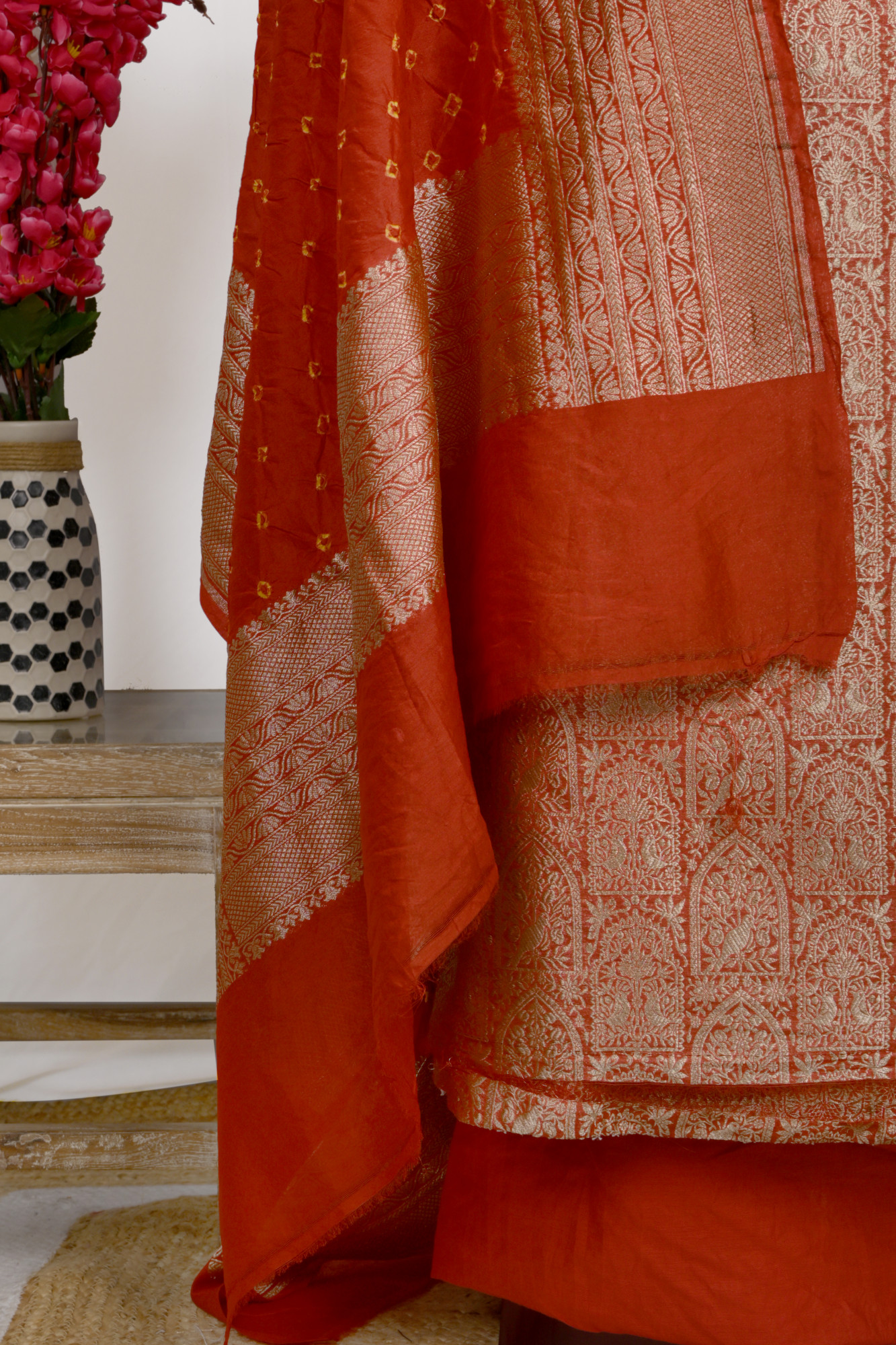 Red Brocade Suit Set with Dupatta - 933-12755-A