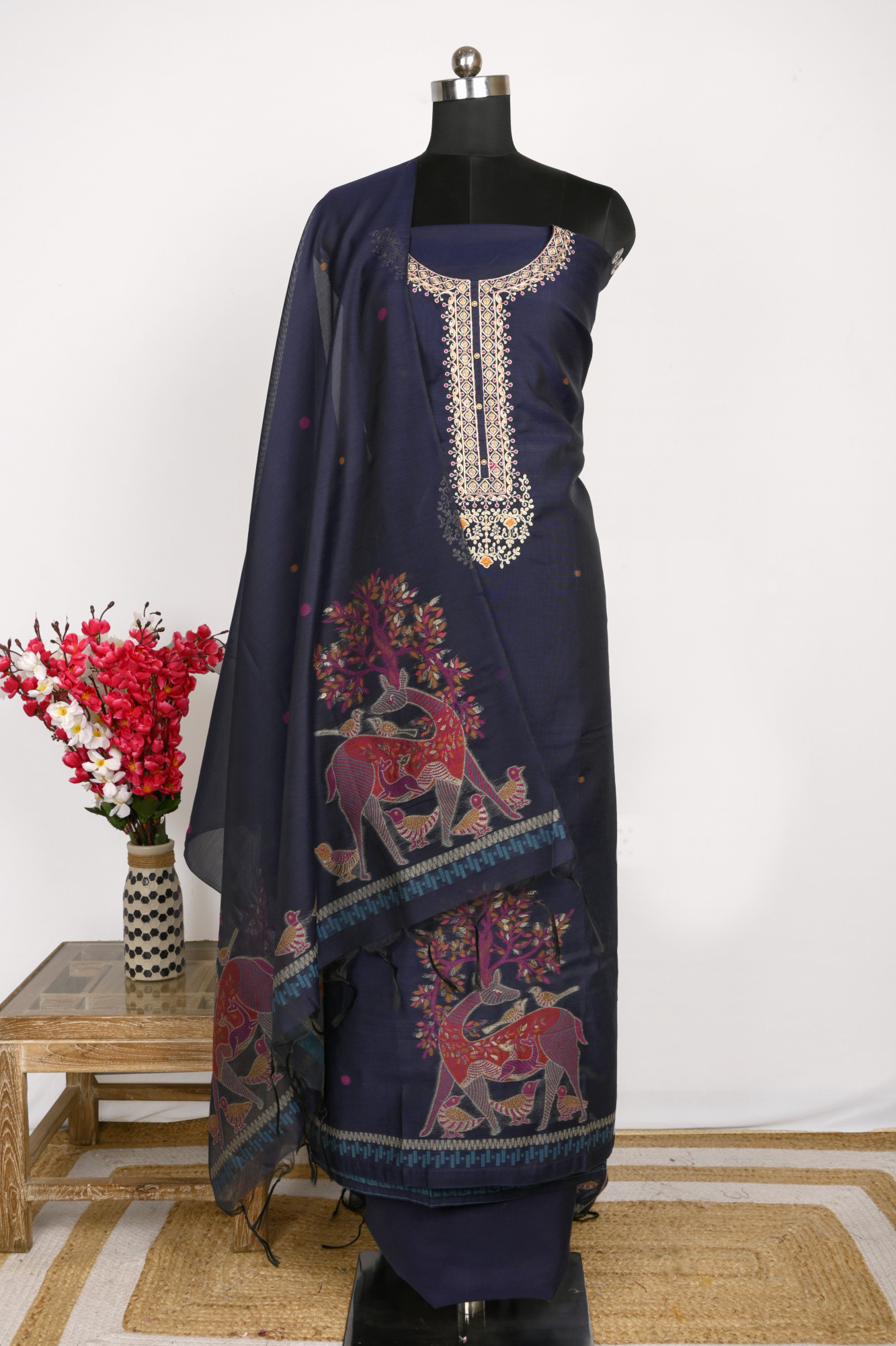 Navy Blue Chanderi Suit Set with Beautiful Dupatta - S25VEMY7054A