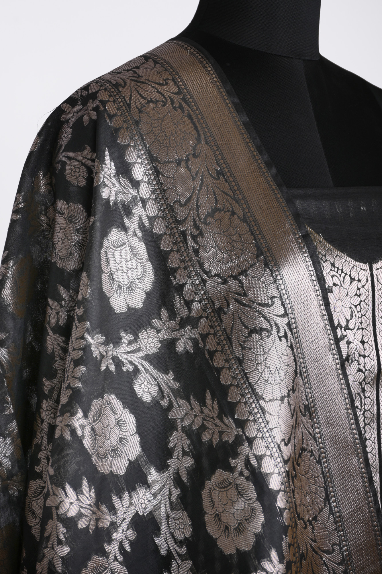 Black Chanderi Silk Unstitch Suit Set with Dupatta - 1021-NMRNCK-1E