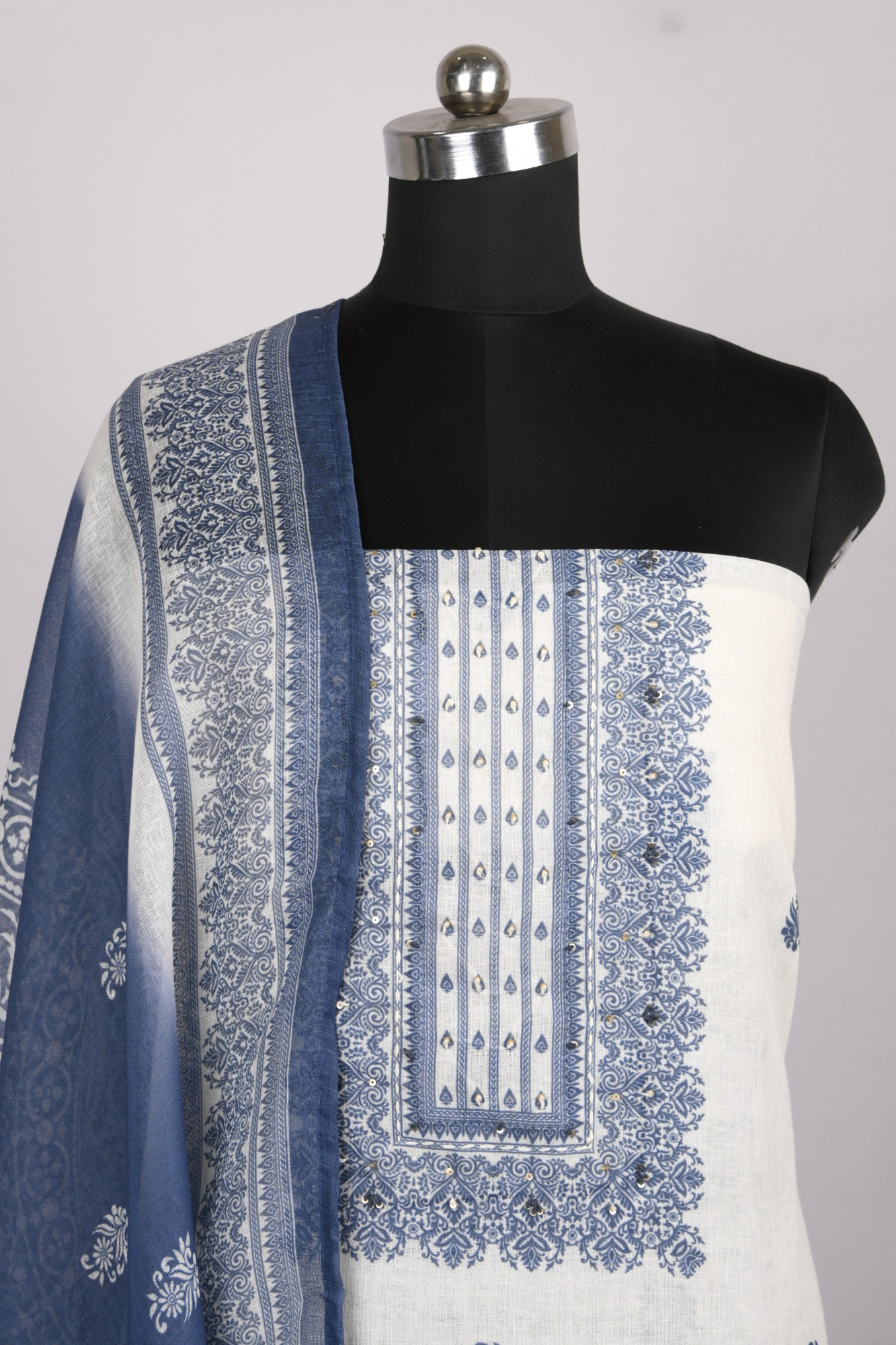 Blue Cotton Suit Set with Beautiful Dupatta - 1020-4959A