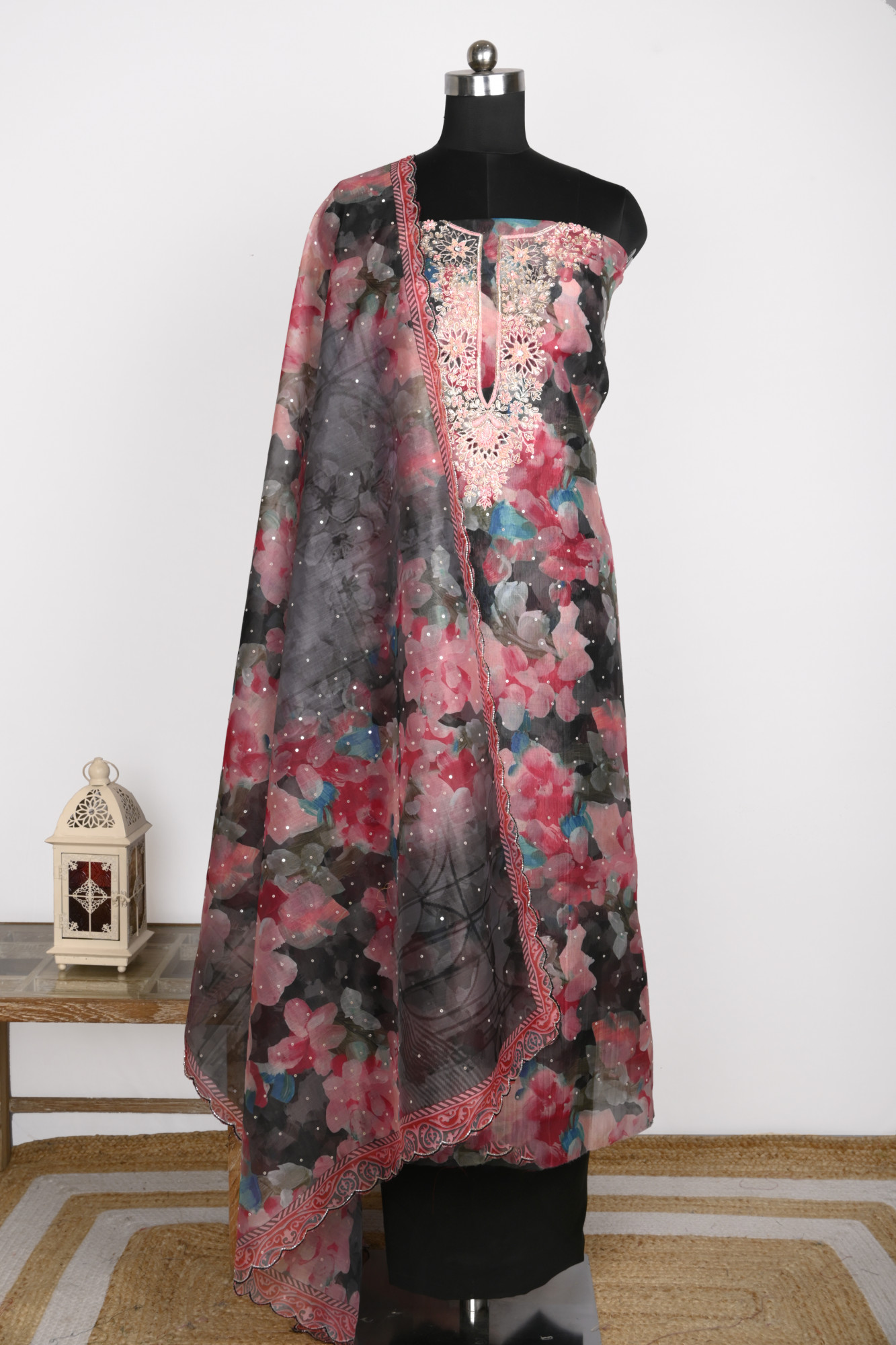 Black Unstitched Organza Beautiful Suit with Dupatta - 131-11039