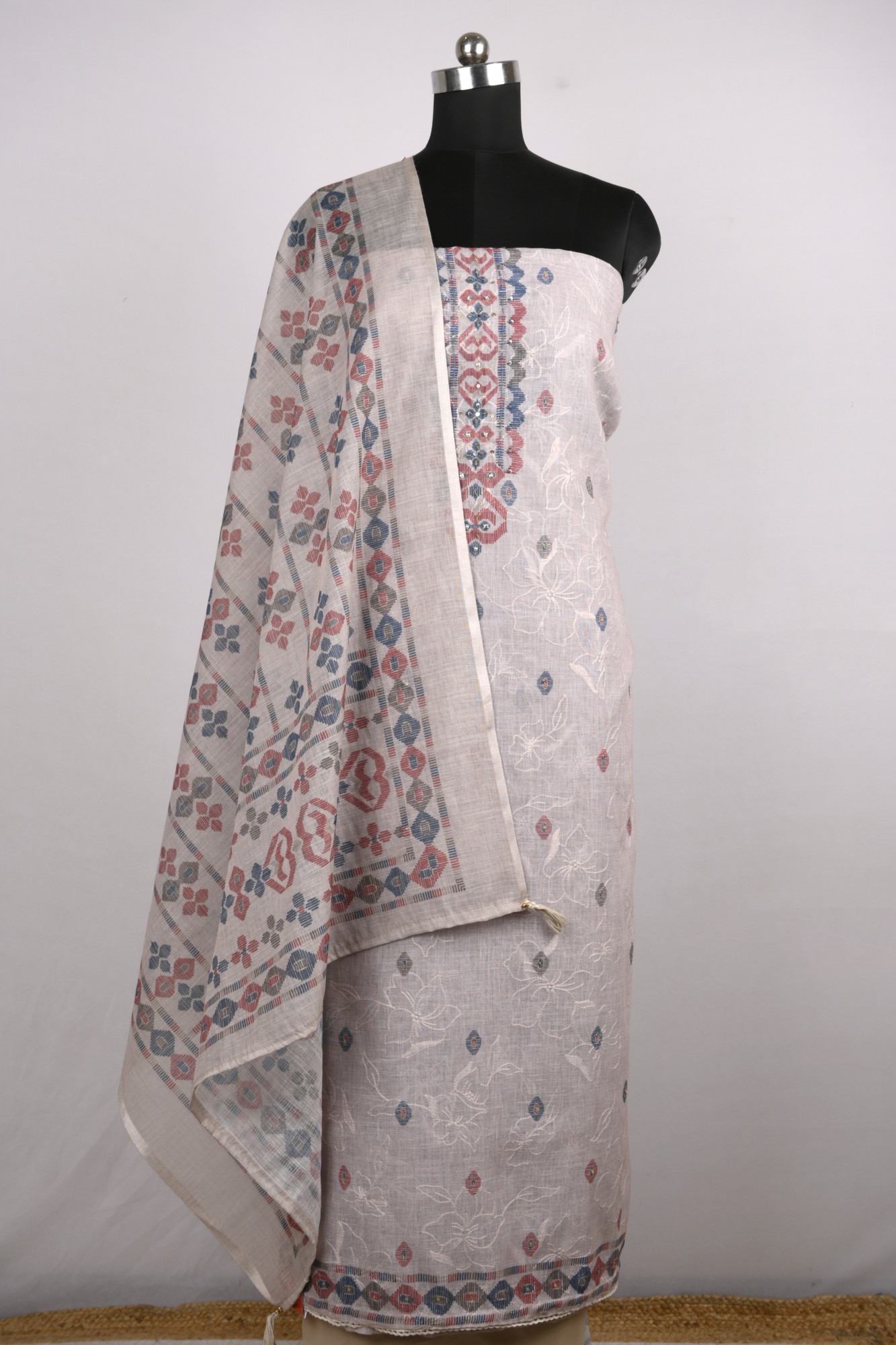 Beige Cotton Suit Set with Beautiful Dupatta - 1020-4930-3A