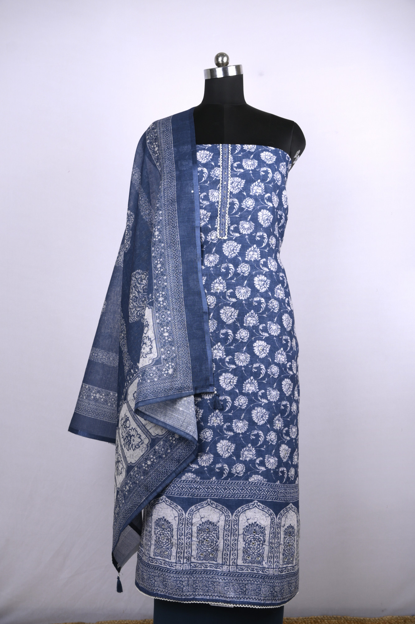 Blue Cotton Suit Set with Beautiful Dupatta - 1020-4952-3A