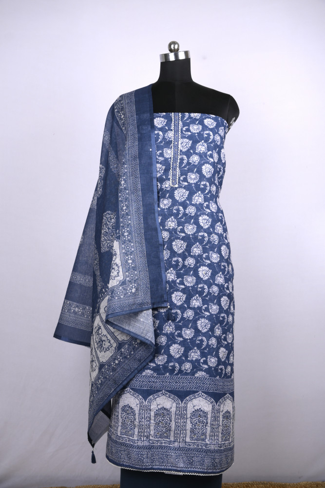 Image of Blue Cotton Suit Set with Beautiful Dupatta - 1020-4952-3A