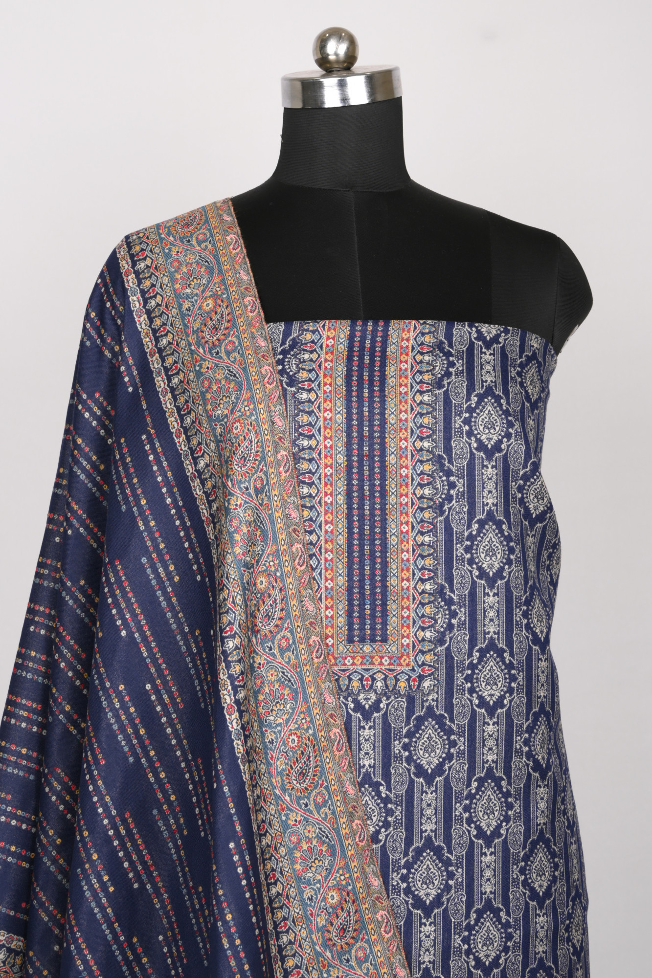 Blue Printed Pashmina Suit Set With Dupatta - 1000-0487A