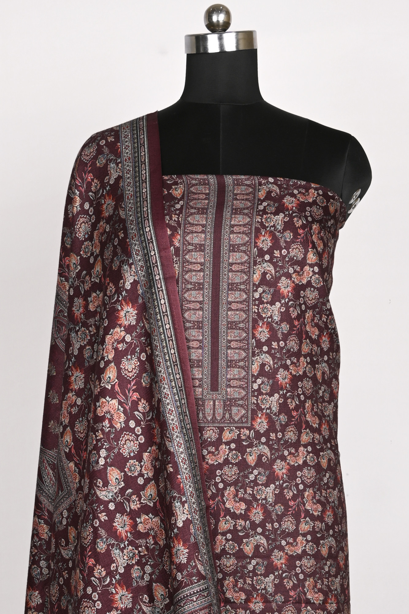 Wine Unstitched Spun Suit Set with Dupatta - 1000-70371B