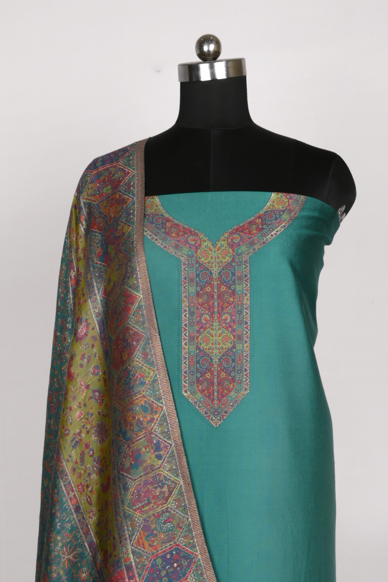 Green Silk Suit Set With Pashmina Dupatta - WEPSH102