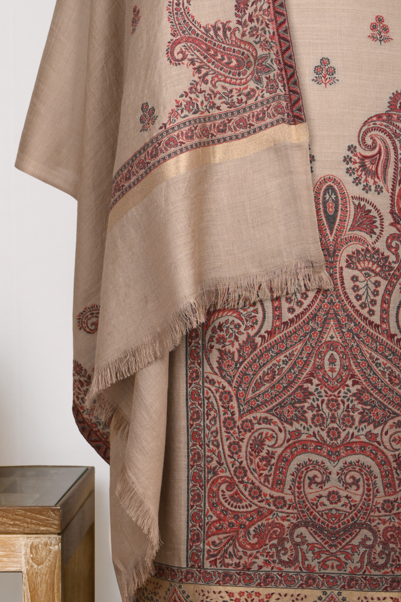 Beige Pashmina Weaving Suit Set with Beautiful Pashmina Dupatta - PASH1402A