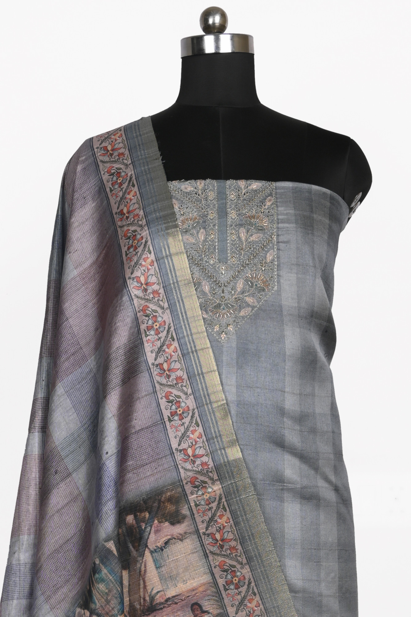 Grey Art Tussar Unstitch Suit with Dupatta - R157-SPR2454A