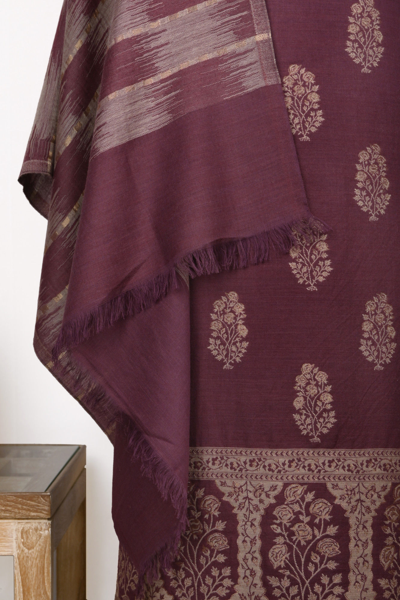 Wine Pashmina Weaving Suit Set with Beautiful Pashmina Dupatta - PASH1403B