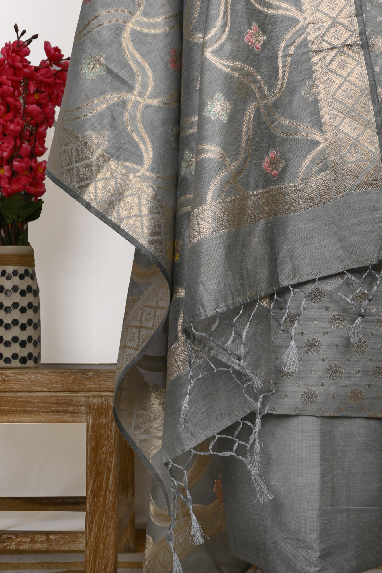 Grey Chanderi silk Suit Set with Chanderi silk Dupatta - 1021-JNF-6E