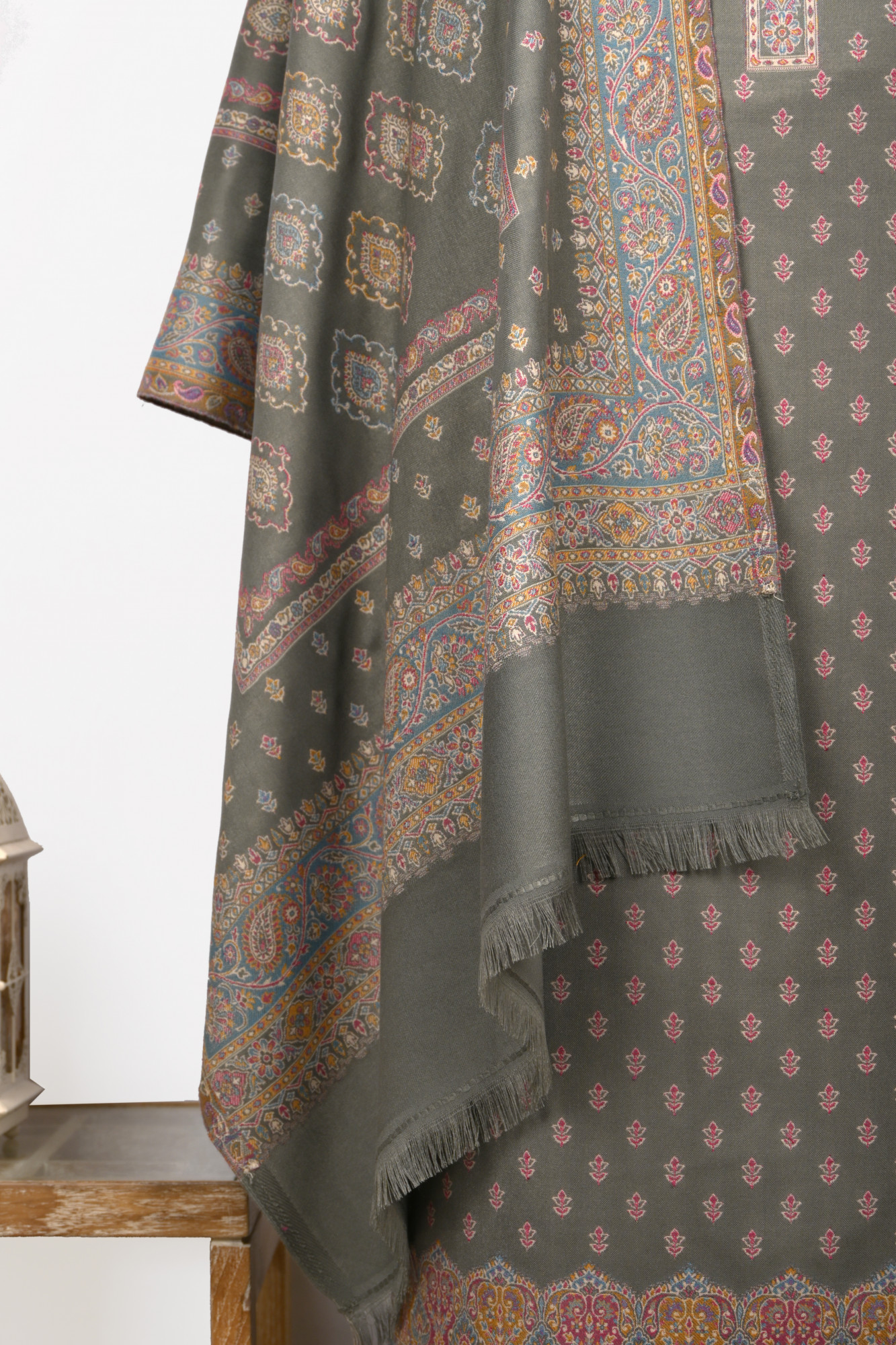 Grey Printed Pashmina Suit Set With Pashmina Dupatta - 1000-0488A