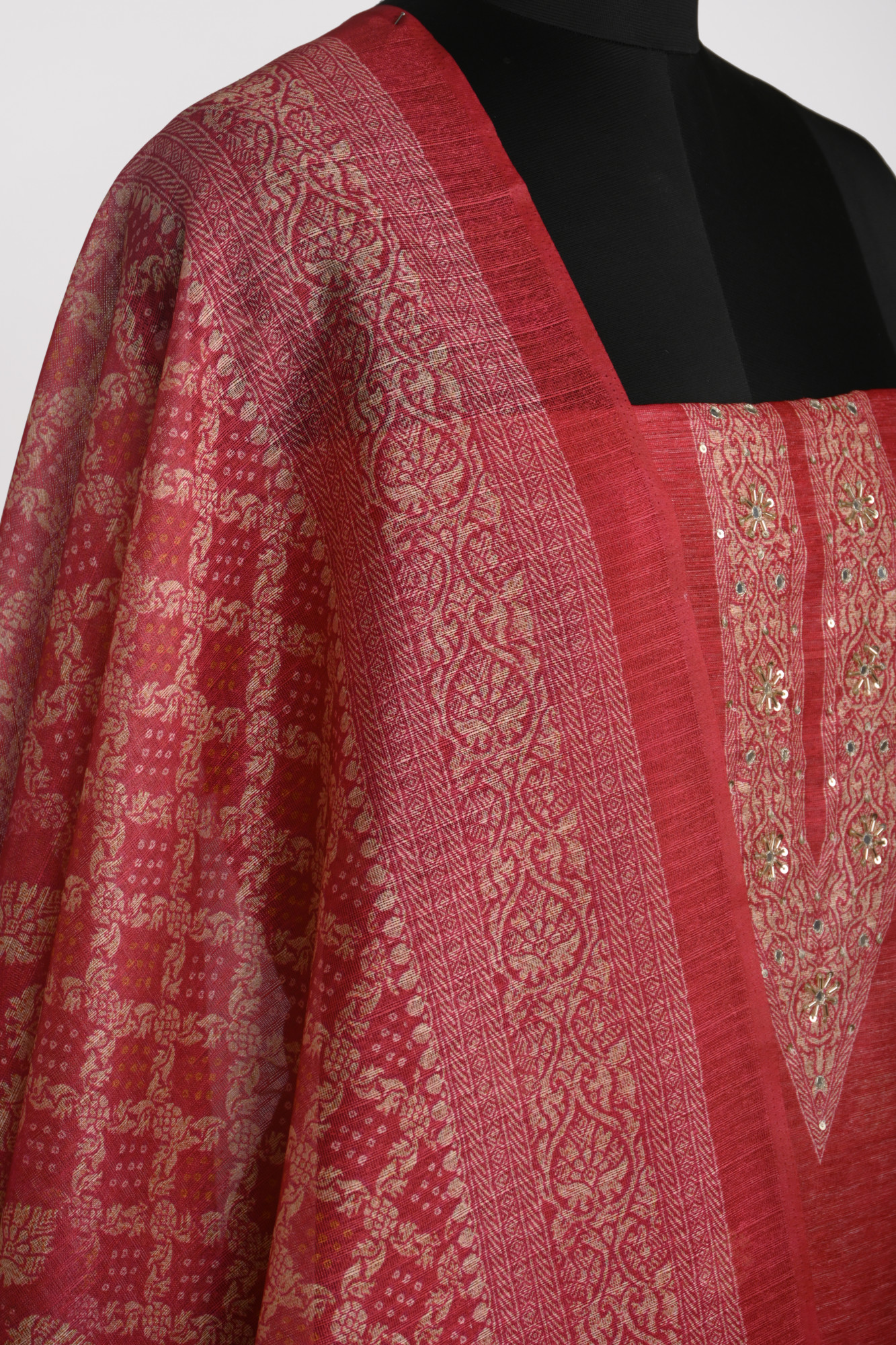 Red Chanderi Silk Unstitch suit set with Chanderi silk Dupatta - 220-9083-1A