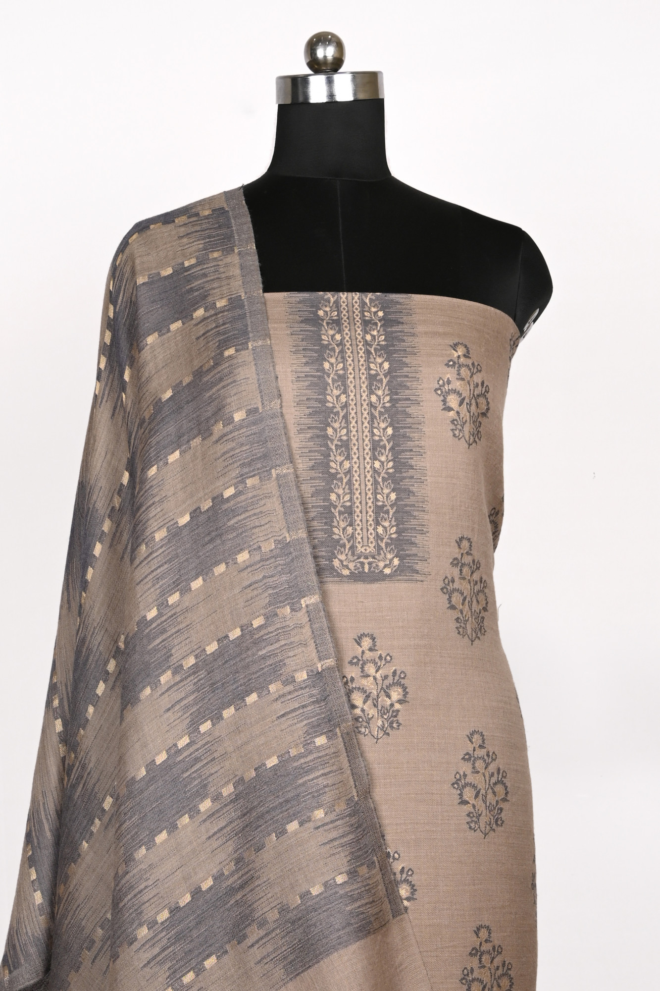 Beige Pashmina Suit Set with Pashmina Dupatta - PASH1403