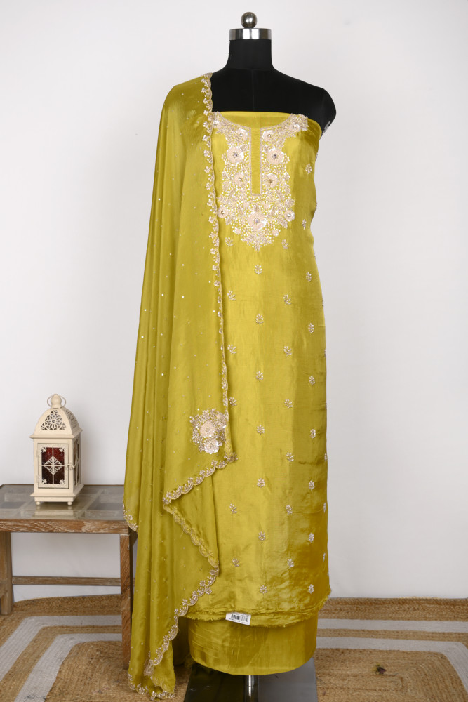 Image of Green Satin Silk Suit Set with Chinon Dupatta - 969-3810A