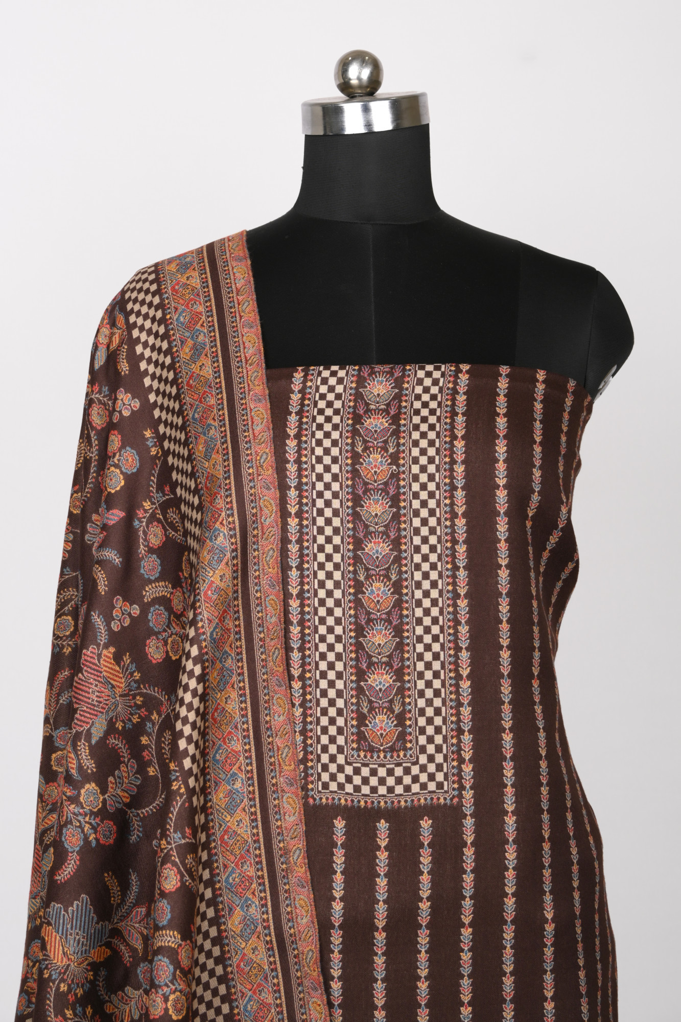 Coffee Printed Pashmina Suit Set With Dupatta - 1000-0480