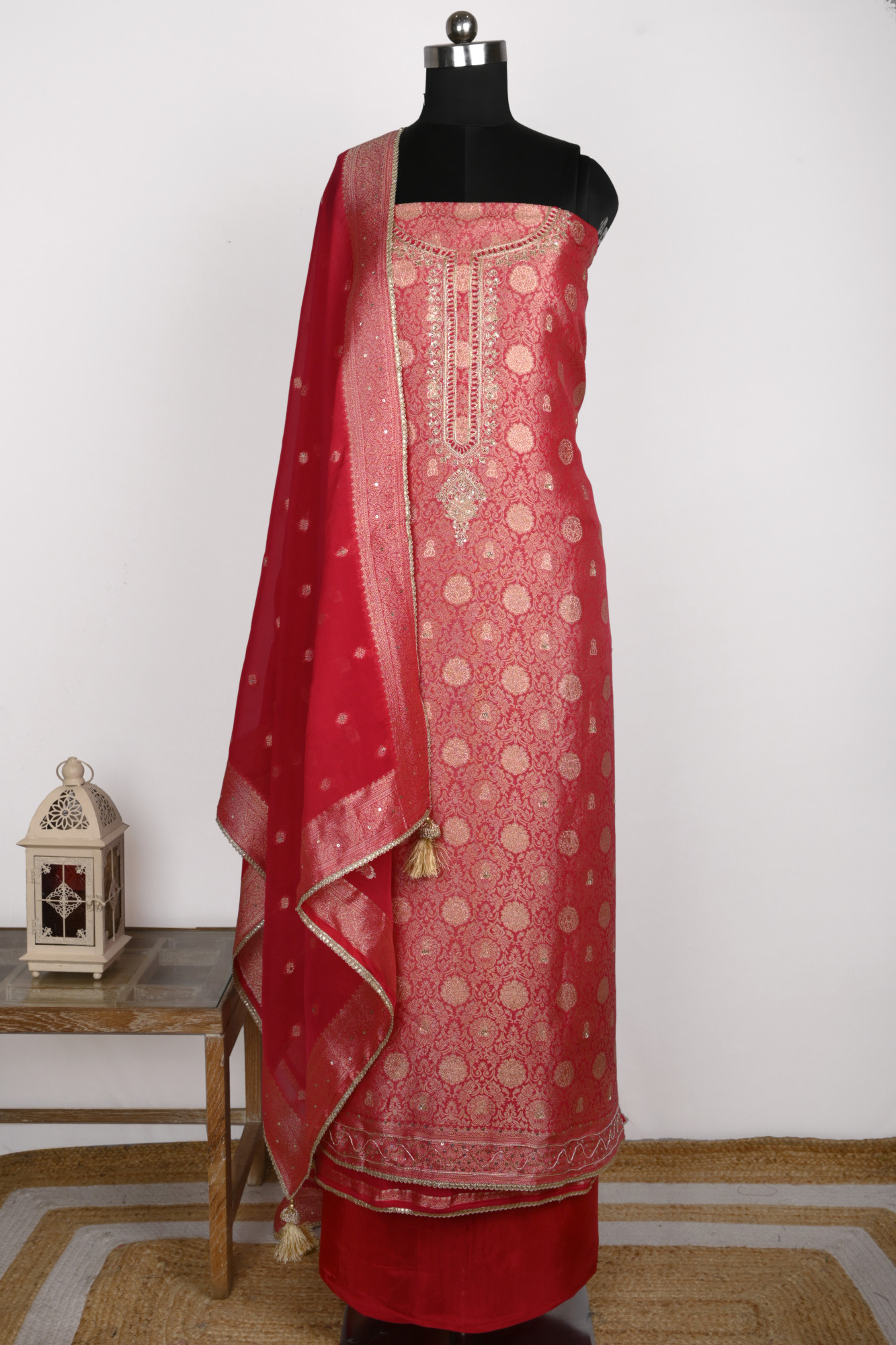 Rani Silk Suit Set with Organza Dupatta - 131-GD470B