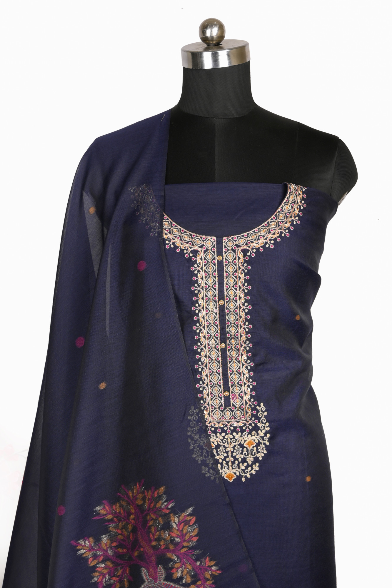 Navy Blue Chanderi Suit Set with Beautiful Dupatta - S25VEMY7054A