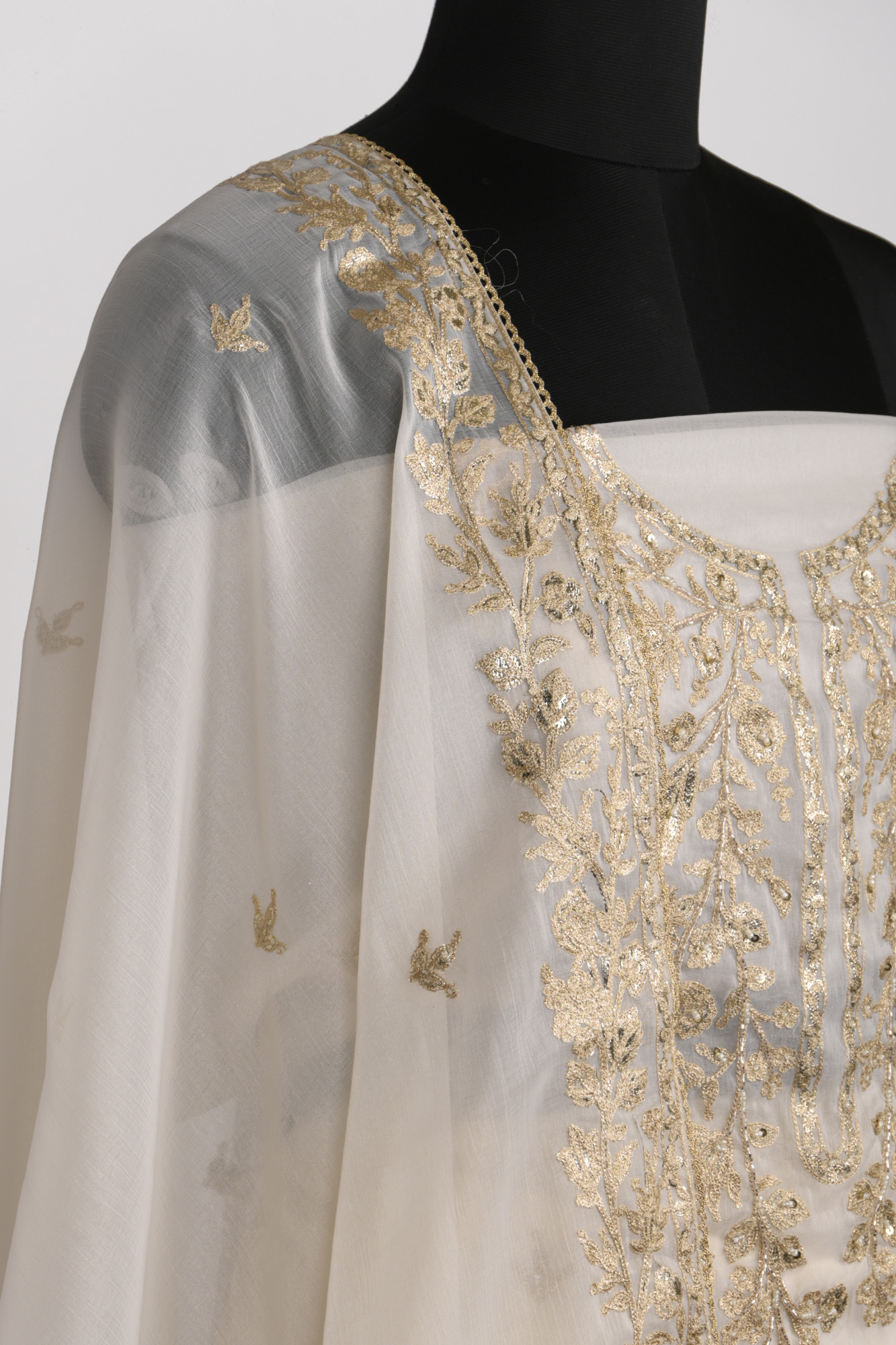 Off- White Silk Unstitch suit set with Dupatta - 131-51504D