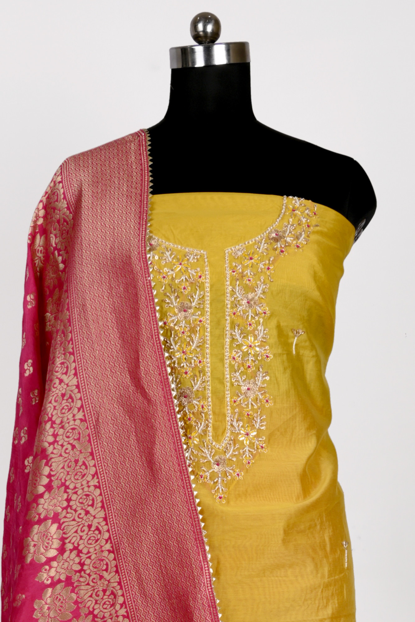 Yellow Chanderi Suit with Rani Dupatta Potli and Jutti - 912-KAR96054
