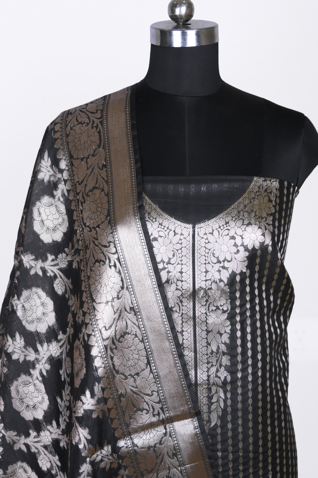 Black Chanderi Silk Unstitch Suit Set with Dupatta - 1021-NMRNCK-1E