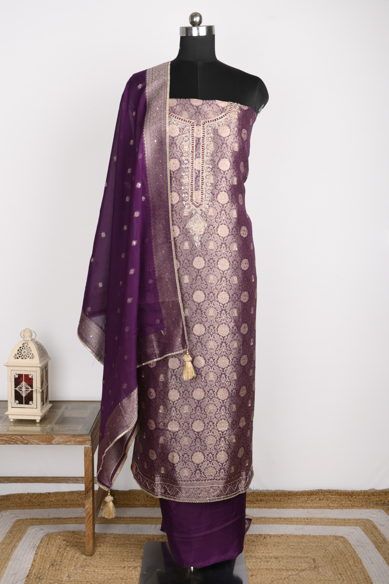 Purple Silk Suit Set with Beautiful Organza Dupatta - 131-GD470C