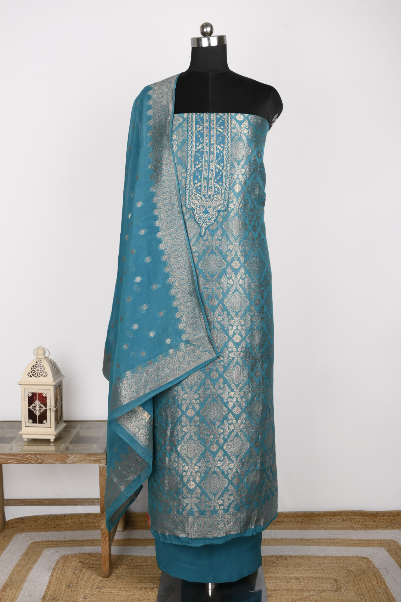 Firozi Organza Beautiful Suit Set with Dupatta- 131-KE11242B