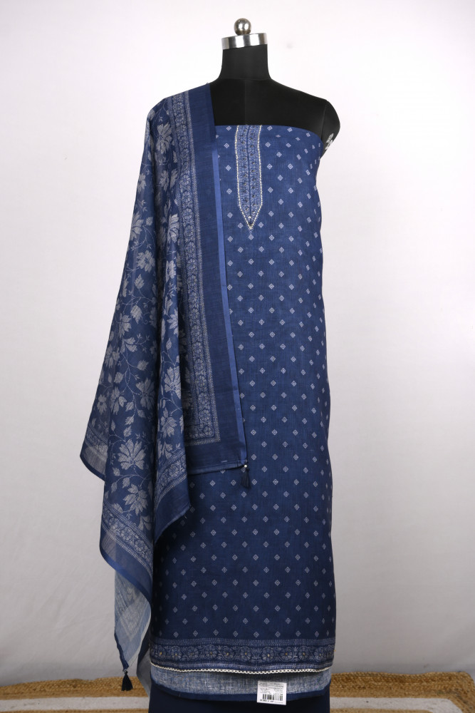 Image of Blue Cotton Suit Set with Beautiful Dupatta - 1020-4954-2A