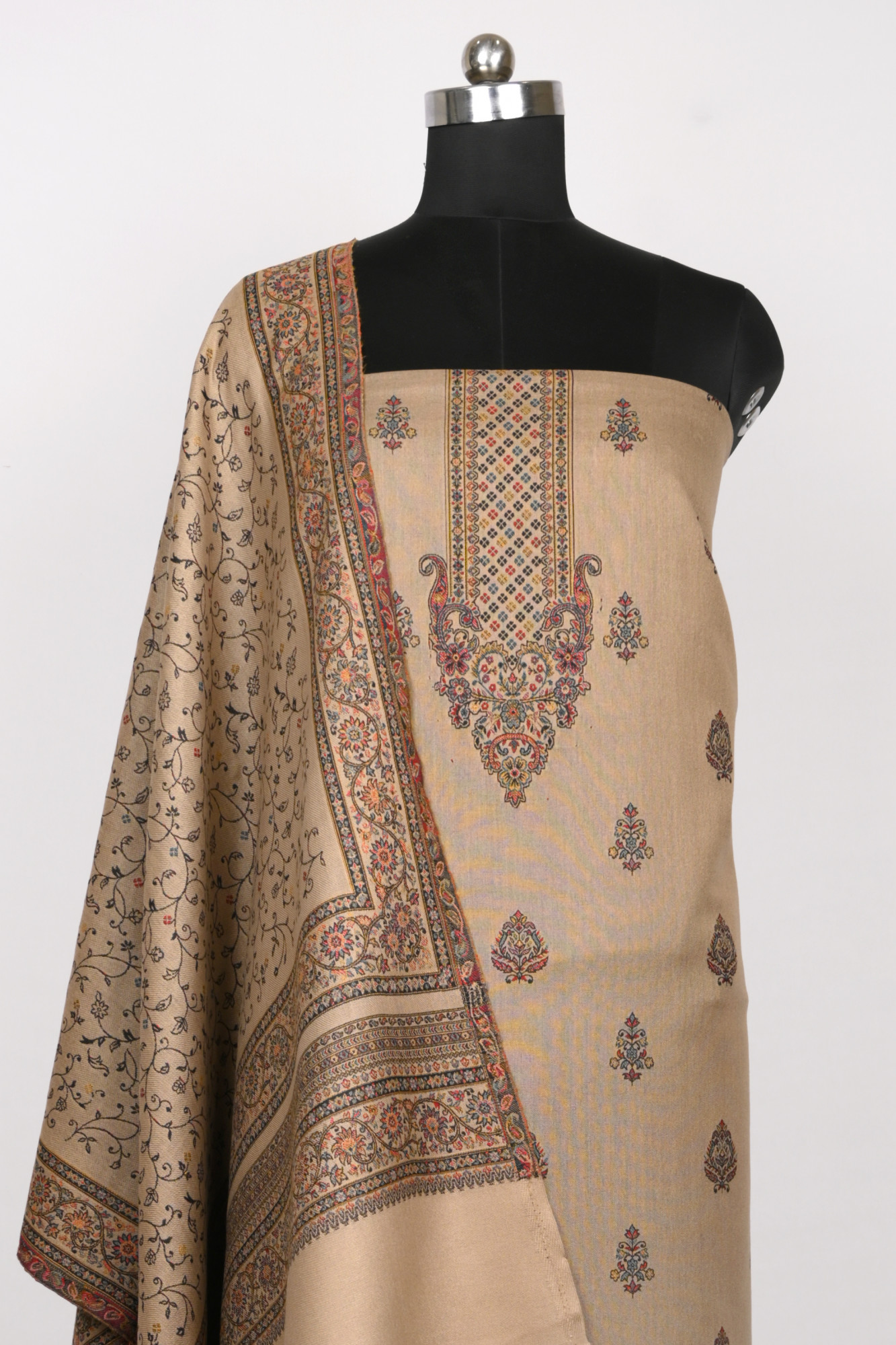 Black Printed Pashmina Suit Set With Dupatta - 1000-0486