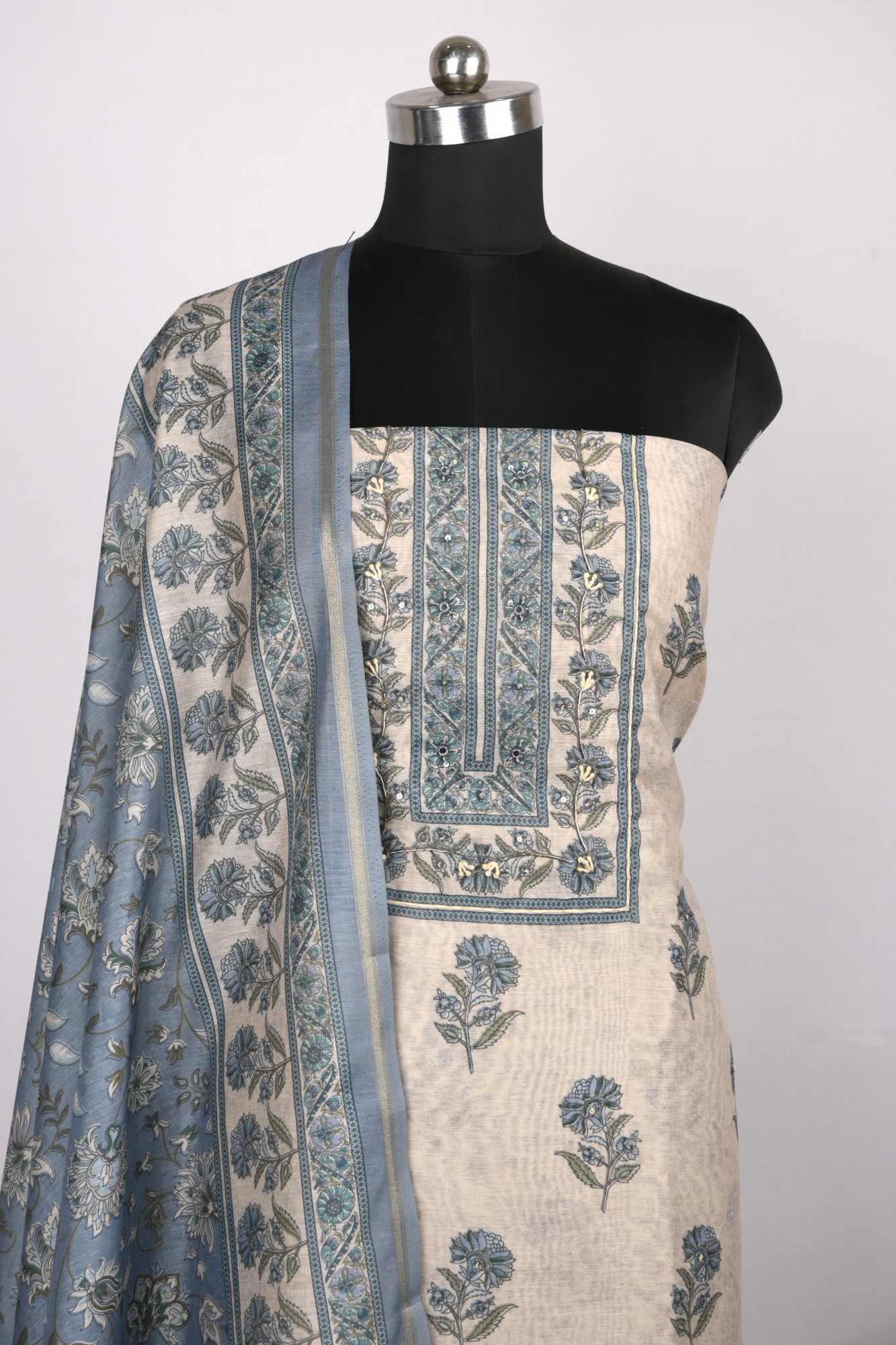 Blue Cotton Suit Set with Beautiful Dupatta - 1020-4895
