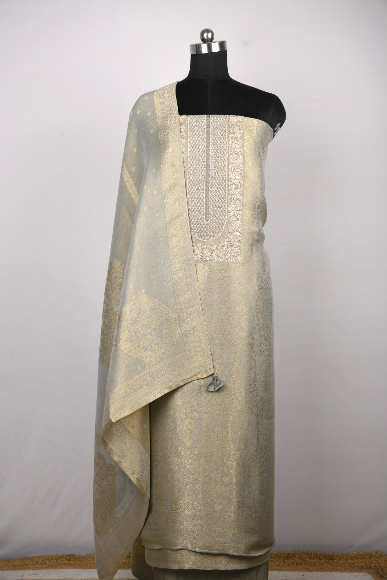 Green Silk Jacquard Suit Set with Beautiful Dupatta - R157-SPR2387C