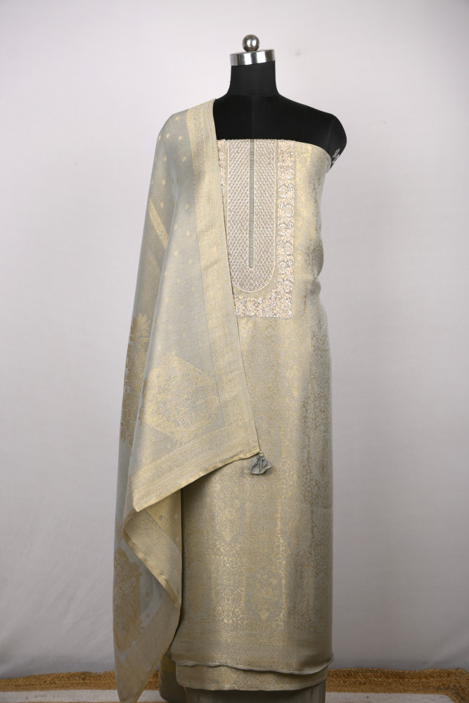 Image of Green Silk Jacquard Suit Set with Beautiful Dupatta - R157-SPR2387C
