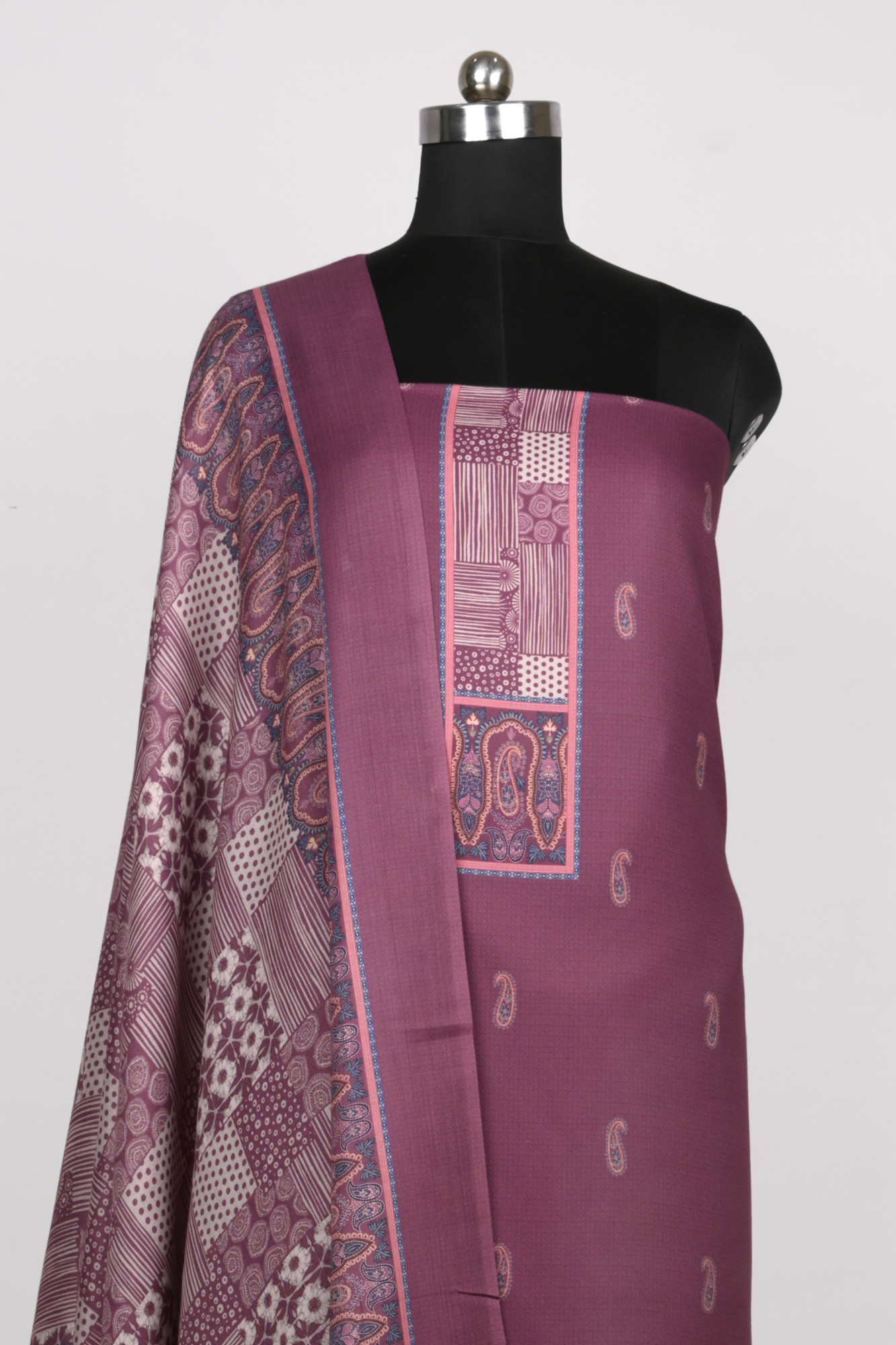 Wine Printed Spun Suit Set With Dupatta - 131-1815B